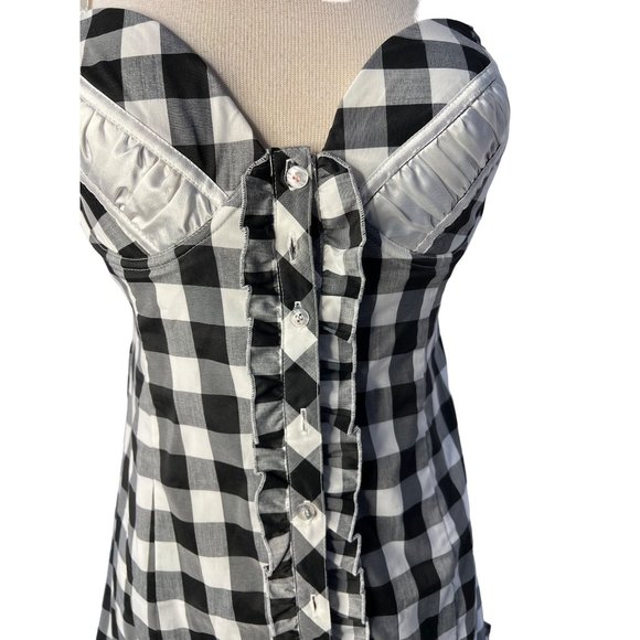 NWOT HERA Dress Large Black White Plaid Button Front Mini Stretch Ruffle - Picture 8 of 13